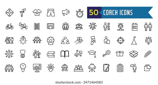 Conjunto de iconos de entrenador. Esquema conjunto de iconos de vector de entrenador para el diseño de ui. Colección de iconos de esquema. Trazo editable.