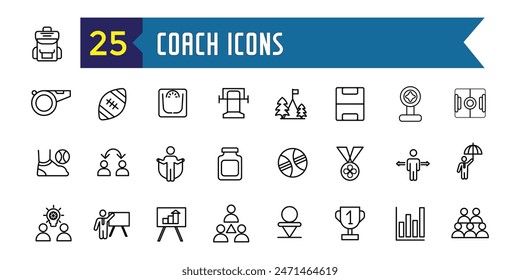 Coach icons set. Outline set of coach vector icons for ui design. Outline icon collection. Editable stroke.