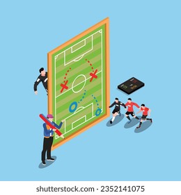 Coach instructing football players isometric 3d vector concept for banner, website, illustration, landing page, etc