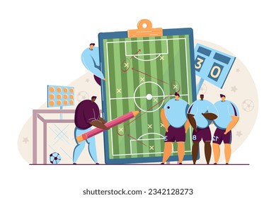 Entrenador enseñando a los jugadores de fútbol ilustración vectorial. Hombre explicando la estrategia táctica en el campo de fútbol con líneas de patio, zonas y puestos de gol. Fútbol, competencia, concepto deportivo