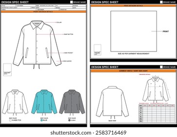 COACH JACKET EASY EDITABLE EMPTY TECHPACK MEASUREMENT LAYOUT TEMPLATE DESIGN