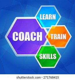 coach, learn, train, skills - business education motivation concept words in color hexagons over blue background, flat design, vector