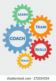 coach, learn, train, skills, teach - business education motivation concept words - blue text in colorful grunge flat design gear wheels, vector