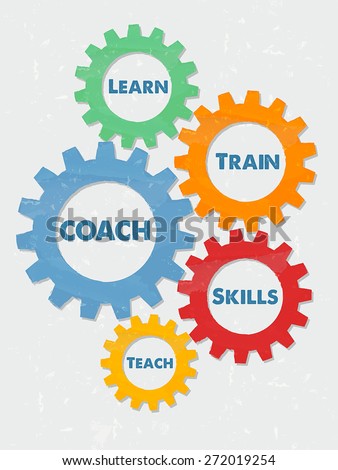 coach, learn, train, skills, teach - business education motivation concept words - blue text in colorful grunge flat design gear wheels, vector