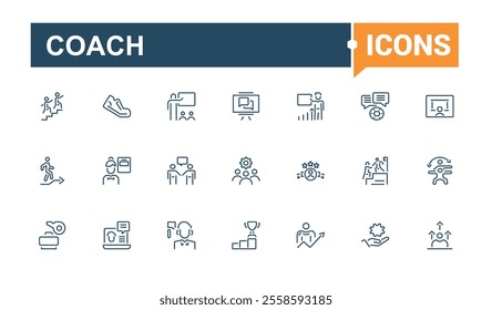 Coach line icon collections. Includes icons for counselor, leadership, manager, training, motivation, teamwork, method, mentoring. Thin outline icons pack. Vector illustration in modern line style.