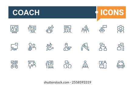 Coach line icon collections. Includes icons for counselor, leadership, manager, training, motivation, teamwork, method, mentoring. Thin outline icons pack. Vector illustration in modern line style.