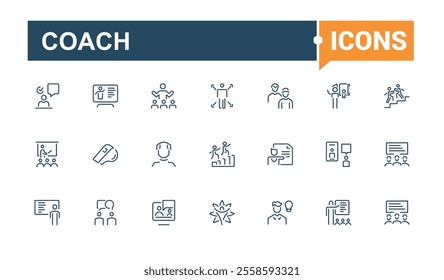 Coach line icon collections. Includes icons for counselor, leadership, manager, training, motivation, teamwork, method, mentoring. Thin outline icons pack. Vector illustration in modern line style.