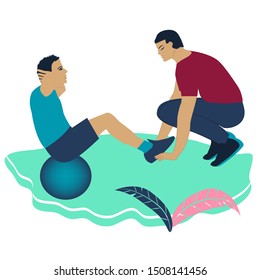 Coach, man, conducts classes - guy sits on an inflatable ball - isolated - vector. Pilates. Aerobics. Yoga. Sports training