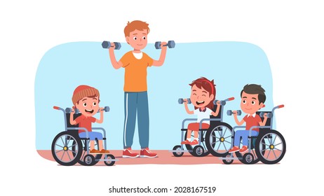 Coach man person training disabled girl and boys kids in wheelchairs doing exercises. Smiling children lifting dumbbells. Adaptive sports, recovery, rehabilitation therapy flat vector illustration