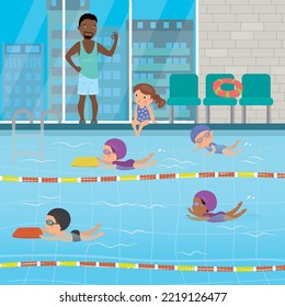 Coach man teaching children, swimming class. Multiethnic school kids group in swimming pool. Various kids characters swimming in poolside, training, education, learning to swim. vector illustration