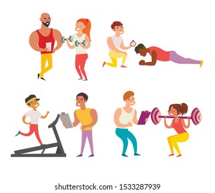 Coach and man. A woman in the gym doing exercises with a coach. Training in the gym concept illustration. Weight loss healthy lifestyle concept. Isolated vector illustration on white background