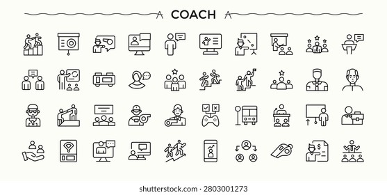 Coach modern icon set. Trainer related icon set. Included mentor, advice, trainer, leadership, man, counselor and more. Vector illustration in modern line style.