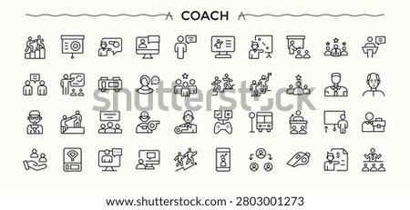 Coach modern icon set. Trainer related icon set. Included mentor, advice, trainer, leadership, man, counselor and more. Vector illustration in modern line style.