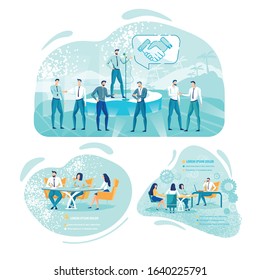 Coach on Stage with Microphone Teaching Trainees That Handshake Matters. Group Noting Useful Information. Coach Demonstrating How to Talk on Phone Professionally. Three Banners Set, Copy Space.