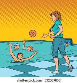 coach playing with children sport water Polo. Pop art retro vector illustration. A woman in the profession