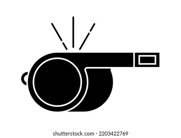 Coach, police or referee black plastic sport blowing whistle silhouette vector icon isolated on white background. Flat design simple illustration. Sports sign, play game symbol, trainer equipment.