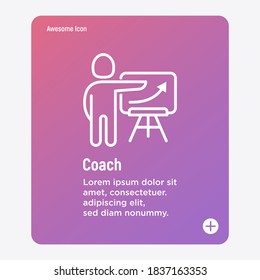 Coach, presenter, lecturer, teacher, trainer thin line icon. Man demonstrates graph of growth on board. Vector illustration.