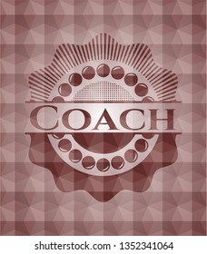 Coach red emblem or badge with abstract geometric pattern background. Seamless.