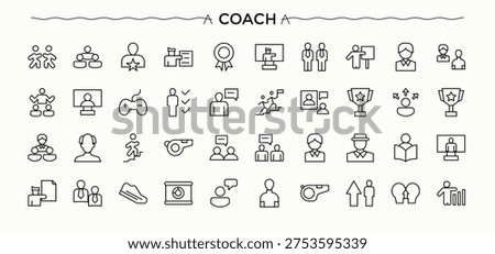 Coach related icon set. Leader vector line icon set. Contain linear sign trainer, leader, train, mentor, counselor, advice and more. Editable stroke. Vector collection.