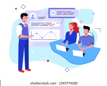 Coach Running Upskilling Seminar For Male And Female Office Workers. Senior Male Tutor Explains Concepts, Charts And Diagrams To Colleagues Sitting At Desk On Reskilling Session. Continuing Education.