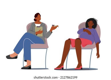 Coach and Sad Anxious or Tired Pregnant Female Character Sitting Speaking, Discussing Maternity Issues. Psychological Support for Pregnant Woman in Perinatal Class. Cartoon People Vector Illustration