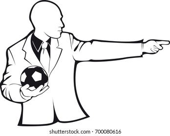 Coach with a soccer ball. Vector contour on white