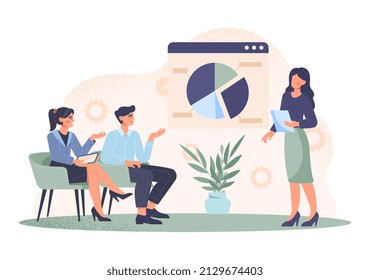 Coach sprechen vor Publikum abstraktes Konzept. Die Mitarbeiter besuchen Fortbildungskurse, Seminare und Konferenzen. Leader analysiert Finanzstatistiken. Cartoon, moderne, flache Vektorgrafik