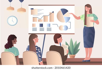 Coach speaking before audience concept. Mentor talks about statistical data. Employees of the company sitting at business conference. Cartoon flat vector illustration isolated on a white background