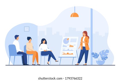 Coach speaking before audience  Mentor presenting charts   reports  Employees meeting at business training  seminar conference  Vector illustration for presentation  lecture  education concept