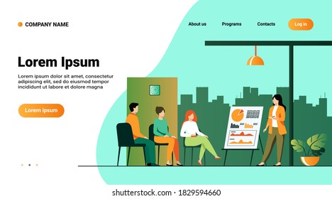 Coach speaking before audience. Mentor presenting charts and reports, Employees meeting at business training, seminar or conference. Vector illustration for presentation, lecture, education concept