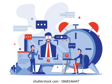 Coach speaking before audience. Mentor presenting charts and reports, Employees meeting at business training, seminar or conference. Tiny people illustration. Vector illustration