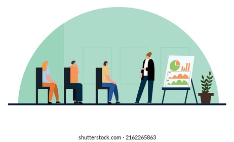 Trainer spricht vor dem Publikum. Mentor präsentiert Charts und Berichte, Mitarbeitertreffen bei Business Training, Seminar oder Konferenz. Vektorgrafik für Präsentation, Vortrag, Bildungskonzept