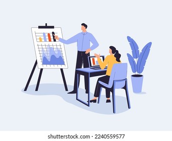 Coach speaking before audience. Mentor presenting charts and reports, Employees meeting at business training, seminar or conference. Vector illustration for presentation, lecture, education concept