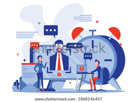 Coach speaking before audience. Mentor presenting charts and reports, Employees meeting at business training, seminar or conference. Tiny people illustration. Vector illustration