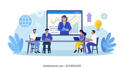 Coach speaking before business people online. Mentor presenting charts and reports. Webinar, video conference. Employees meeting at business training, seminar, courses. Internet presentation, lecture