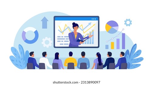 Coach speaking before business people online. Mentor presenting charts and reports. Webinar, video conference. Employees meeting at business training, seminar, courses. Internet presentation, lecture