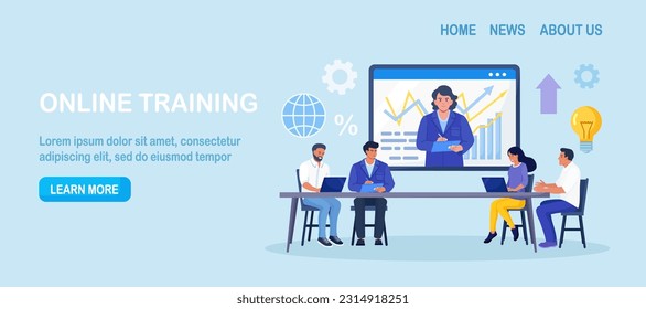 Coach speaking before business people online. Mentor presenting charts and reports. Webinar, video conference. Employees meeting at business training, seminar, courses. Internet presentation, lecture