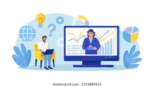Coach speaking before man online. Mentor presenting charts and reports. Webinar, video conference. Employee meeting at business training, seminar, courses. Internet presentation, lecture
