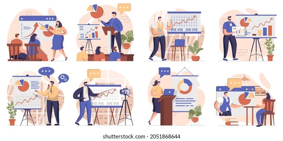 Coach Speaking Collection Of Scenes Isolated. People Learn At Business Training, Career Development, Set In Flat Design. Vector Illustration For Blogging, Website, Mobile App, Promotional Materials.