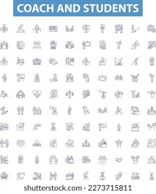 Coach and students line icons, signs set. Coach, Students, Mentor, Educator, Guide, Pupil, Teacher, Tutor, Instructor outline vector illustrations.