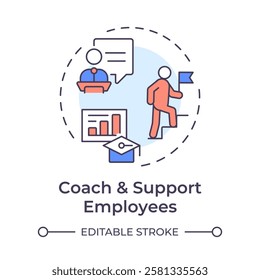 Coach and support employees multi color concept icon. Helping team members succeed. Line manager responsibilities. Round shape line illustration. Abstract idea. Graphic design. Easy to use in booklet