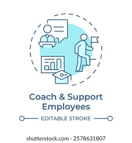 Coach and support employees soft blue concept icon. Helping team members succeed. Line manager responsibilities. Round shape line illustration. Abstract idea. Graphic design. Easy to use in booklet