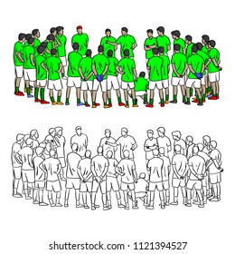 coach talking with soccer players for training tactic vector illustration sketch doodle hand drawn with black lines isolated on white background