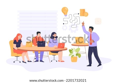 Coach or teacher giving students direction for success. Mentor giving instruction for successful future through knowledge flat vector illustration. Education, finances concept for banner, landing page