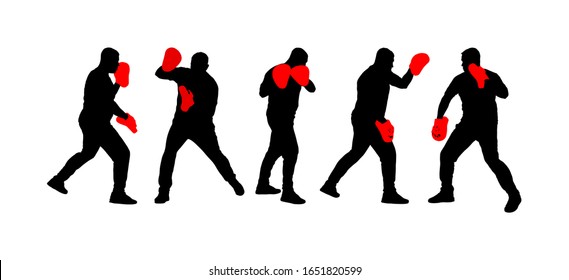 Coach teaches fighter tactical on training vector silhouette isolated on white. Trainer for box, kick box, MMA. Sparring partner martial arts discipline. Direct kick. Clinch, knockout, hook, uppercut.