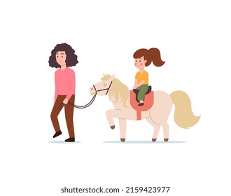 Coach Teaches Kids How To Ride, Flat Cartoon Vector Illustration Isolated On White Background. Child Riding Pony Horse With Help Of Equestrian Trainer.