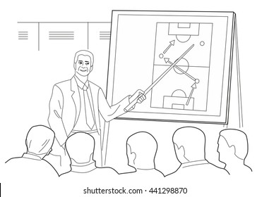 Coach teaches team in dressing room. football players sitting on the bench. Vector black illustration on white background.