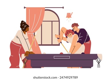 A coach teaches a woman how to hold a cue correctly and play billiards. Her friend is waiting to try. Training in a billiard club. Vector illustration isolated on white background.