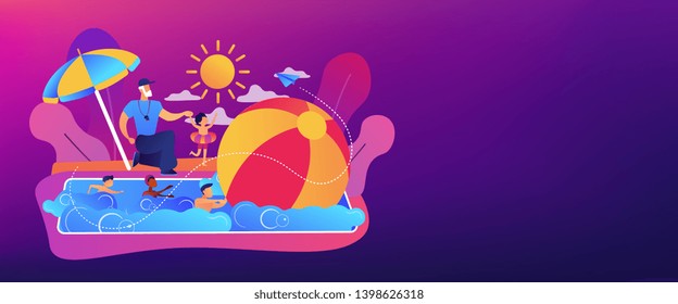 Coach teaching and children learning to swim in the pool in summer camp, tiny people. Swim camp, open water trainings, best swimmer course concept. Header or footer banner template with copy space.