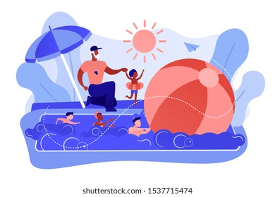 Coach teaching and children learning to swim in the pool in summer camp, tiny people. Swim camp, open water trainings, best swimmer course concept. Pinkish coral bluevector isolated illustration